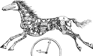 Mechanical horse jumping over a clock